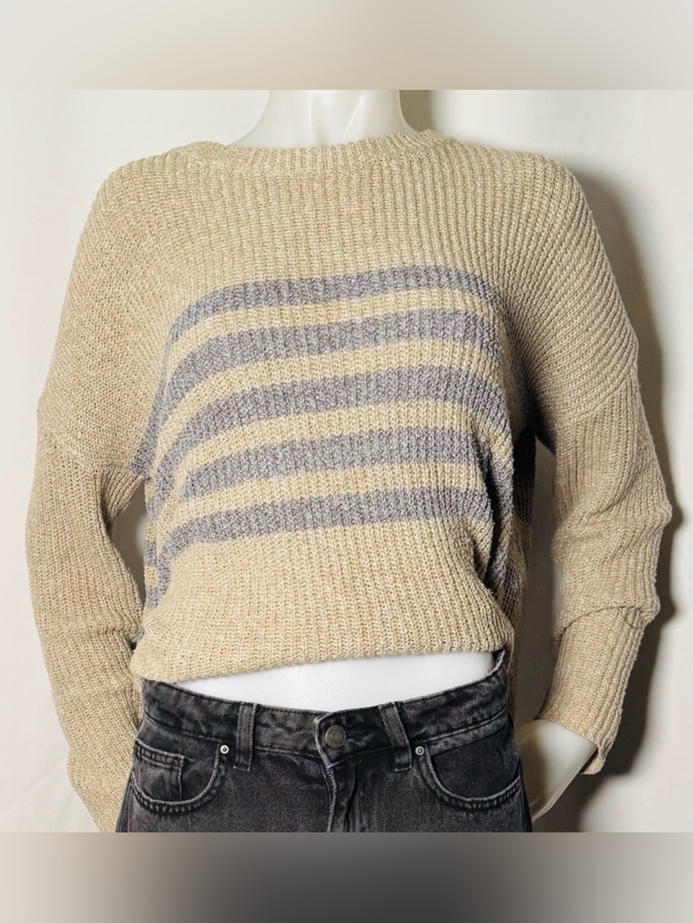 Stripe Crewneck Sweater in Beige and Gray